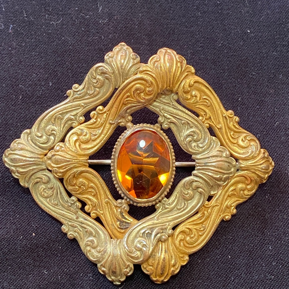 Victorian Sash Pin / Brooch two-tone Gold Colored with Amber Gem